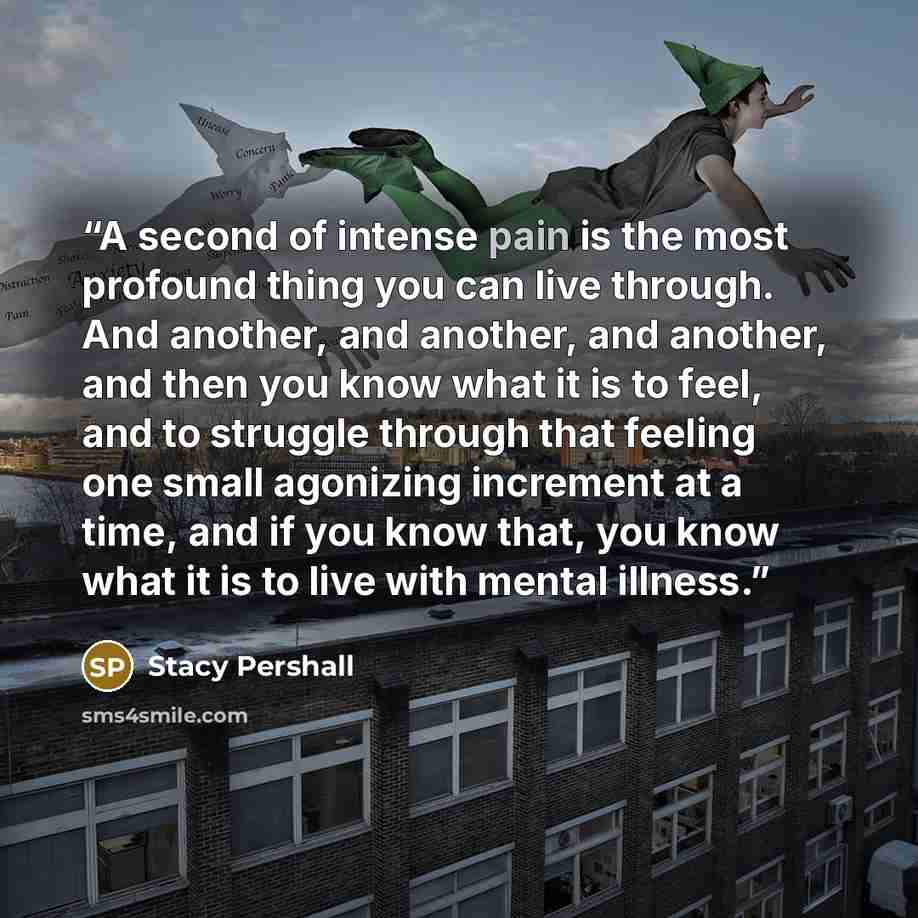 “A second of intense pain is the most profound thing you can live through. And another, and another, and another, and then you know what it is to feel, and to struggle through that feeling one small agonizing increment at a time, and if you know that, you know what it is to live with mental illness.” quote by Stacy Pershall