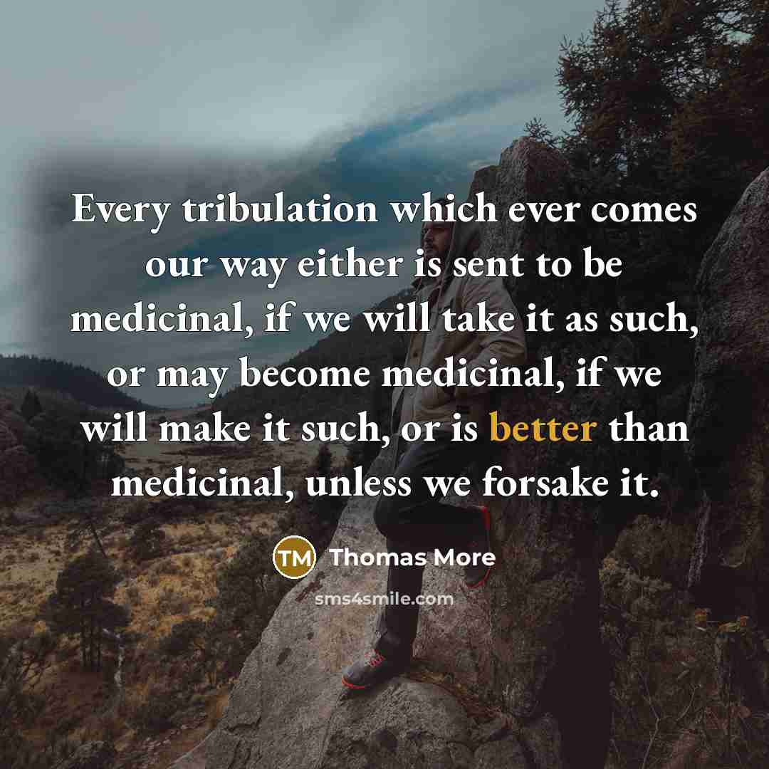 “Every tribulation which ever comes our way either is sent to be medicinal, if we will take it as such, or may become medicinal, if we will make it such, or is better than medicinal, unless we forsake it.” quote by Thomas More