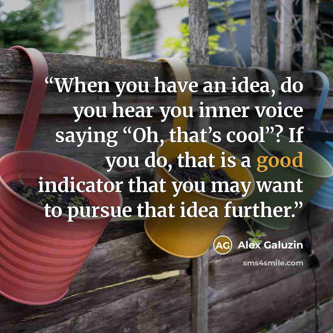 “When you have an idea, do you hear you inner voice saying “Oh, that’s cool”? If you do, that is a good indicator that you may want to pursue that idea further.” quote by Alex Galuzin