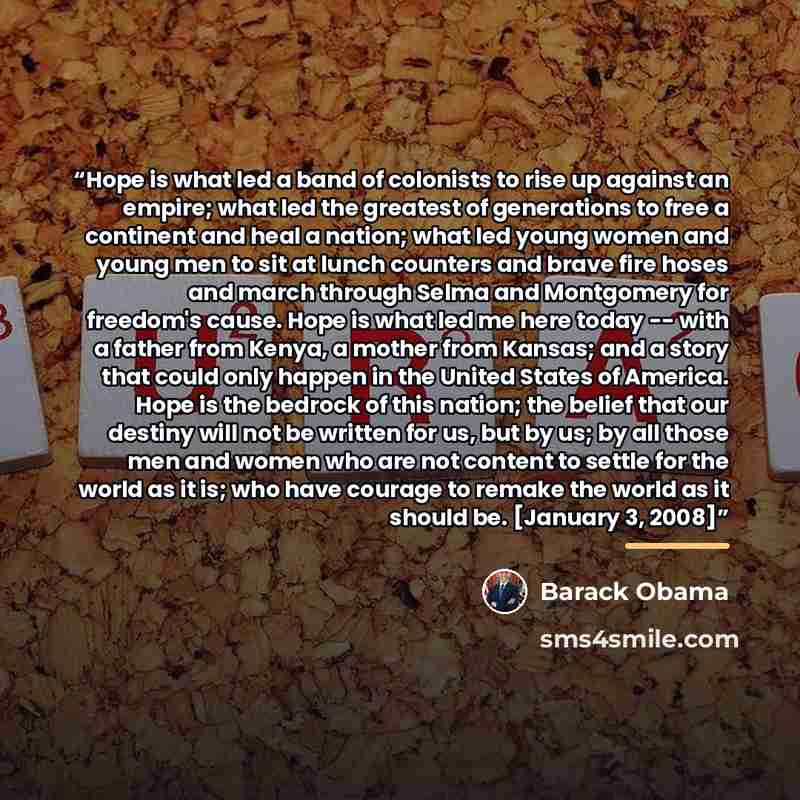 “Hope is what led a band of colonists to rise up against an empire; what led the greatest of generations to free a continent and heal a nation; what led young women and young men to sit at lunch counters and brave fire hoses and march through Selma and Montgomery for freedom's cause. Hope is what…” quote by BARACK OBAMA