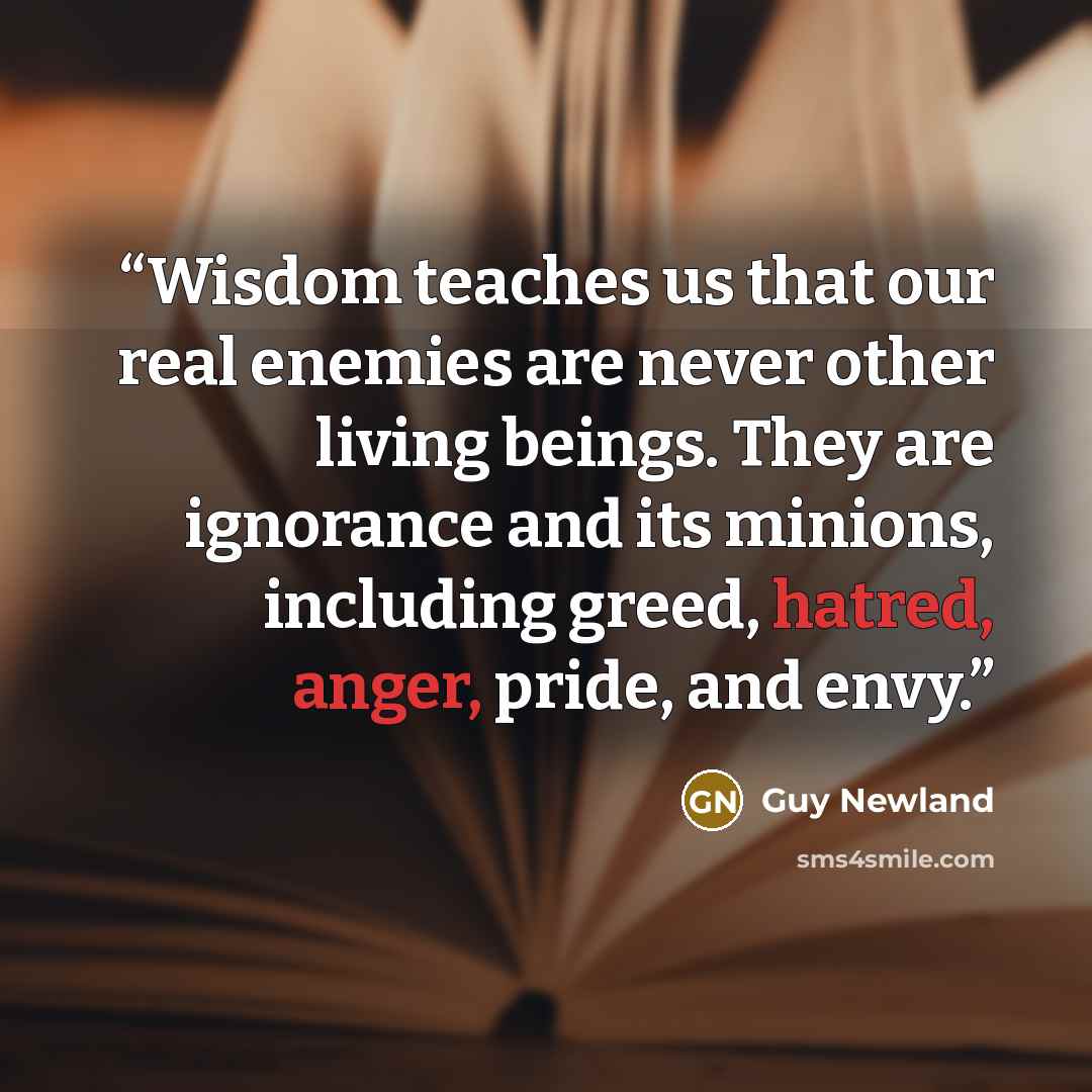 “Wisdom teaches us that our real enemies are never other living beings. They are ignorance and its minions, including greed, hatred, anger, pride, and envy.” quote by Guy Newland