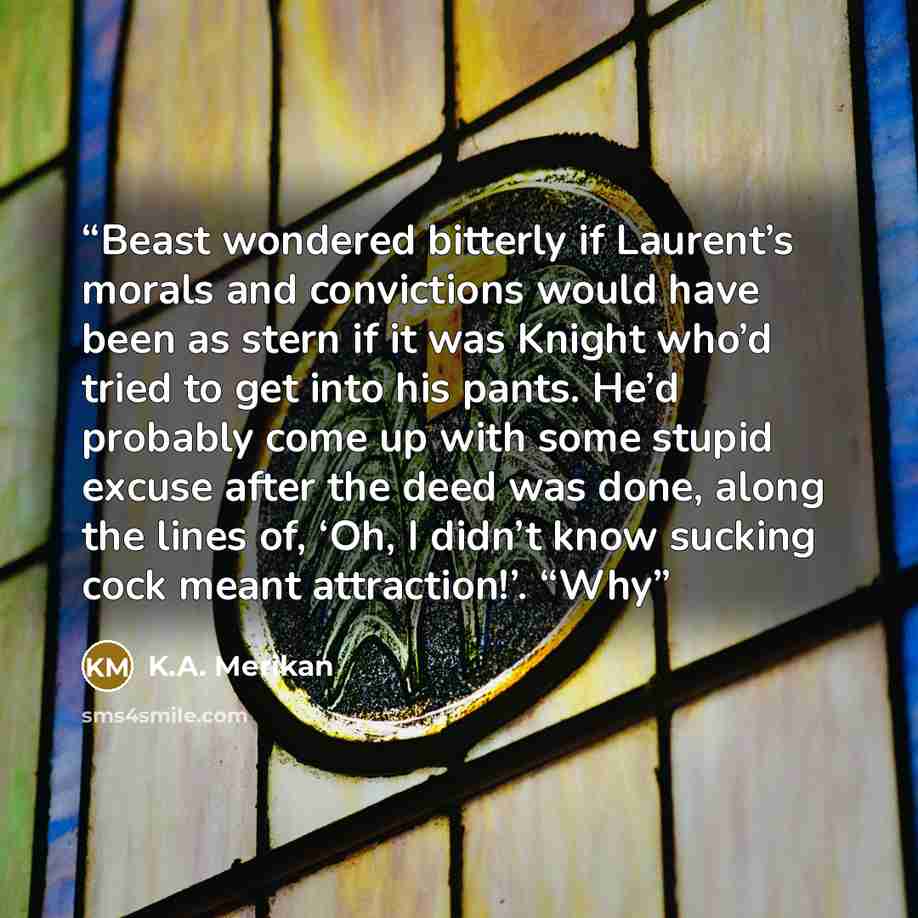 “Beast wondered bitterly if Laurent’s morals and convictions would have been as stern if it was Knight who’d tried to get into his pants. He’d probably come up with some stupid excuse after the deed was done, along the lines of, ‘Oh, I didn’t know sucking cock meant attraction!’. “Why” quote by K.A. Merikan