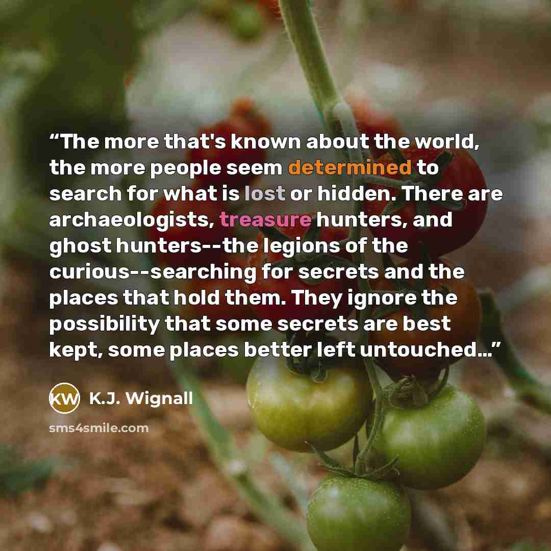 “The more that's known about the world, the more people seem determined to search for what is lost or hidden. There are archaeologists, treasure hunters, and ghost hunters--the legions of the curious--searching for secrets and the places that hold them. They ignore the possibility that some secrets…” quote by K.J. Wignall