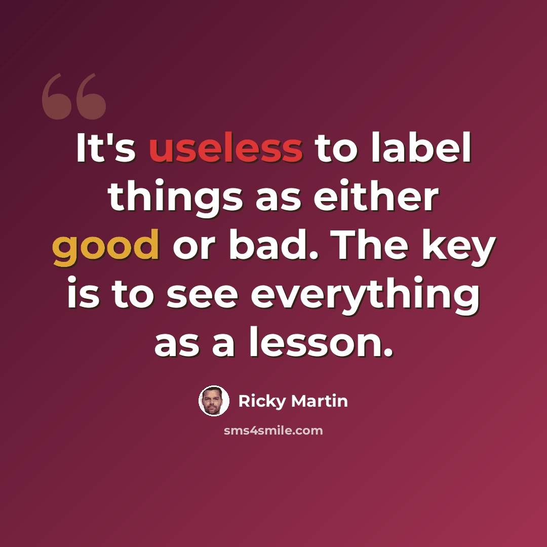 “It's useless to label things as either good or bad. The key is to see everything as a lesson.” quote by Ricky Martin