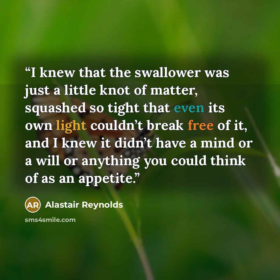 “I knew that the swallower was just a little knot of matter, squashed so tight that even its own light couldn’t break free of it, and I knew it didn’t have a mind or a will or anything you could think of as an appetite.” quote by Alastair Reynolds