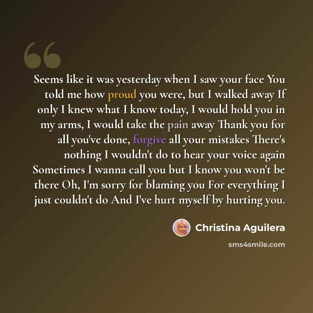 “Seems like it was yesterday when I saw your face You told me how proud you were, but I walked away If only I knew what I know today, I would hold you in my arms, I would take the pain away Thank you for all you've done, forgive all your mistakes There's nothing I wouldn't do to hear your voice…” quote by Christina Aguilera