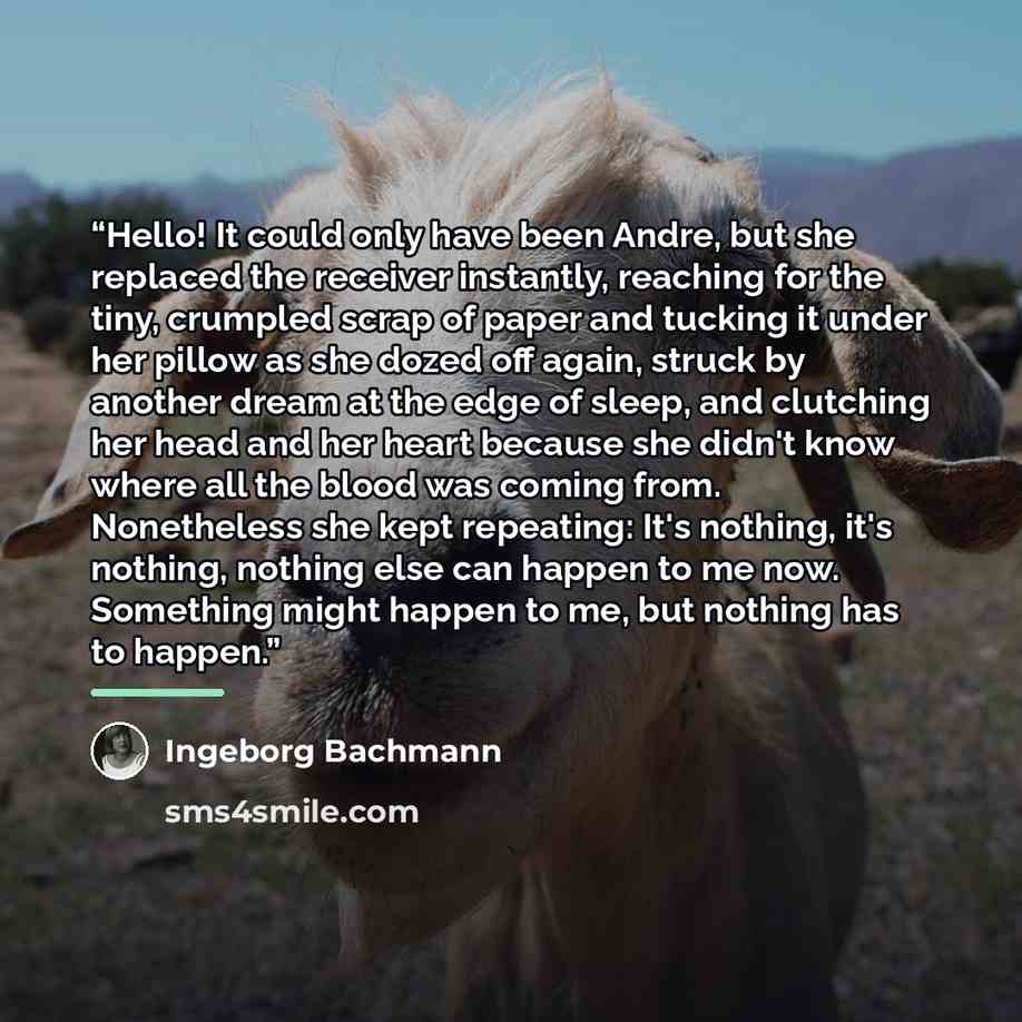 “Hello! It could only have been Andre, but she replaced the receiver instantly, reaching for the tiny, crumpled scrap of paper and tucking it under her pillow as she dozed off again, struck by another dream at the edge of sleep, and clutching her head and her heart because she didn't know where all…” quote by Ingeborg Bachmann