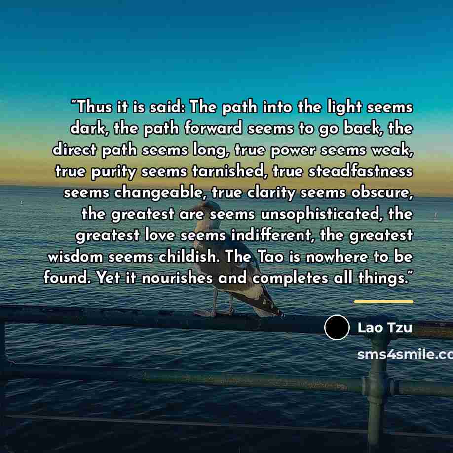 “Thus it is said: The path into the light seems dark, the path forward seems to go back, the direct path seems long, true power seems weak, true purity seems tarnished, true steadfastness seems changeable, true clarity seems obscure, the greatest are seems unsophisticated, the greatest love seems…” quote by Lao Tzu