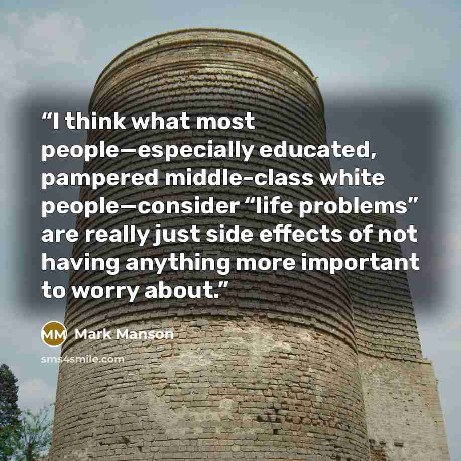 “I think what most people—especially educated, pampered middle-class white people—consider “life problems” are really just side effects of not having anything more important to worry about.” quote by Mark Manson