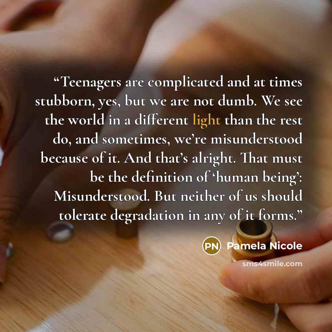 “Teenagers are complicated and at times stubborn, yes, but we are not dumb. We see the world in a different light than the rest do, and sometimes, we’re misunderstood because of it. And that’s alright. That must be the definition of ‘human being’: Misunderstood. But neither of us should tolerate…” quote by Pamela Nicole
