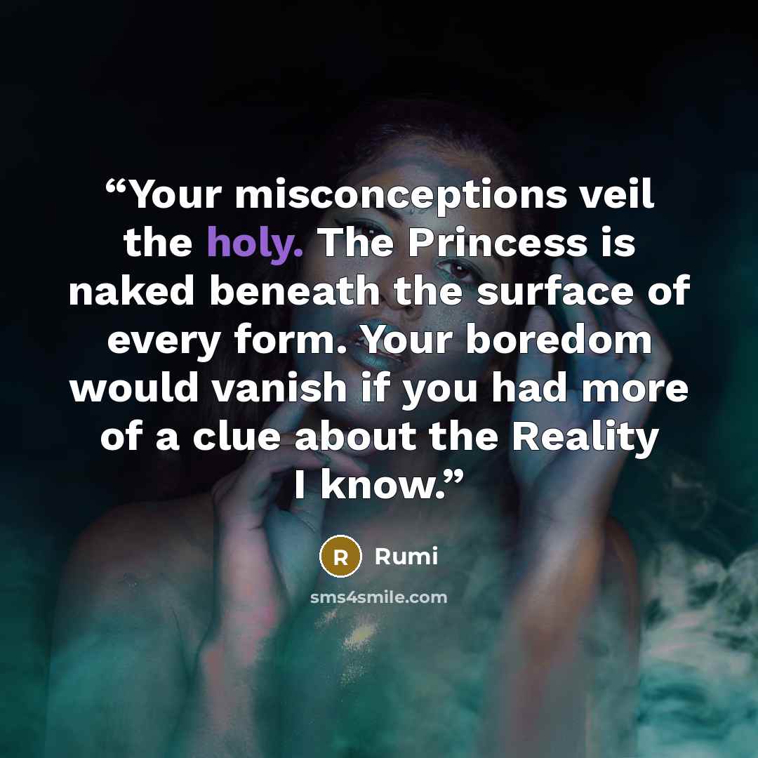 “Your misconceptions veil the holy. The Princess is naked beneath the surface of every form. Your boredom would vanish if you had more of a clue about the Reality I know.” quote by Rumi