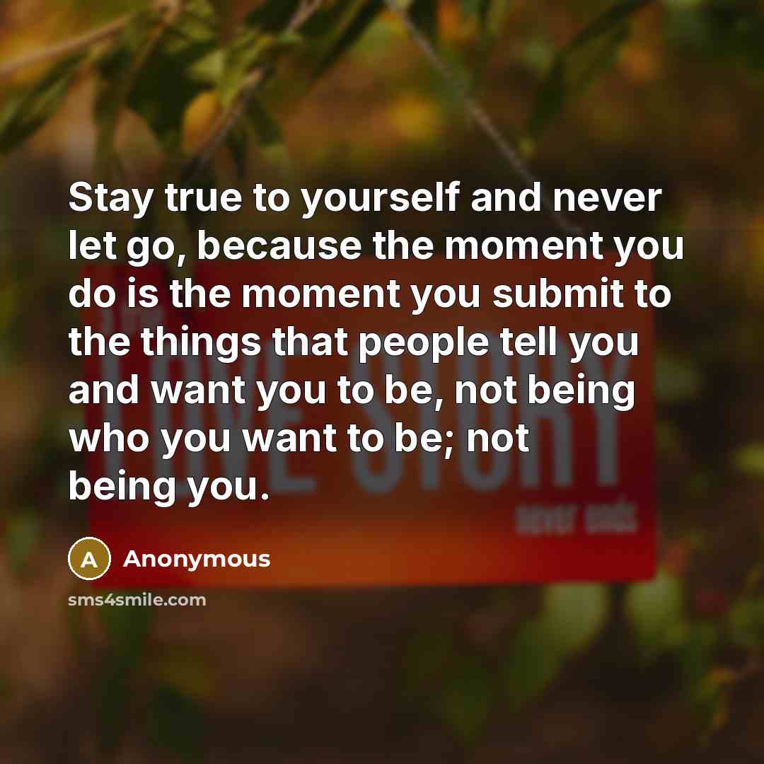 “Stay true to yourself and never let go, because the moment you do is the moment you submit to the things that people tell you and want you to be, not being who you want to be; not being you.” quote by Anonymous