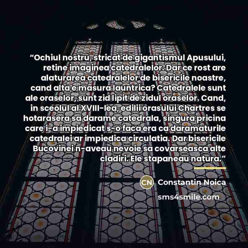 “Ochiul nostru, stricat de gigantismul Apusului, retine imaginea catedralelor. Dar ce rost are alaturarea catedralelor de bisericile noastre, cand alta e masura launtrica? Catedralele sunt ale oraselor, sunt zid lipit de zidul oraselor. Cand, in sceolul al XVIII-lea, edilii orasului Chartres se…” quote by Constantin Noica