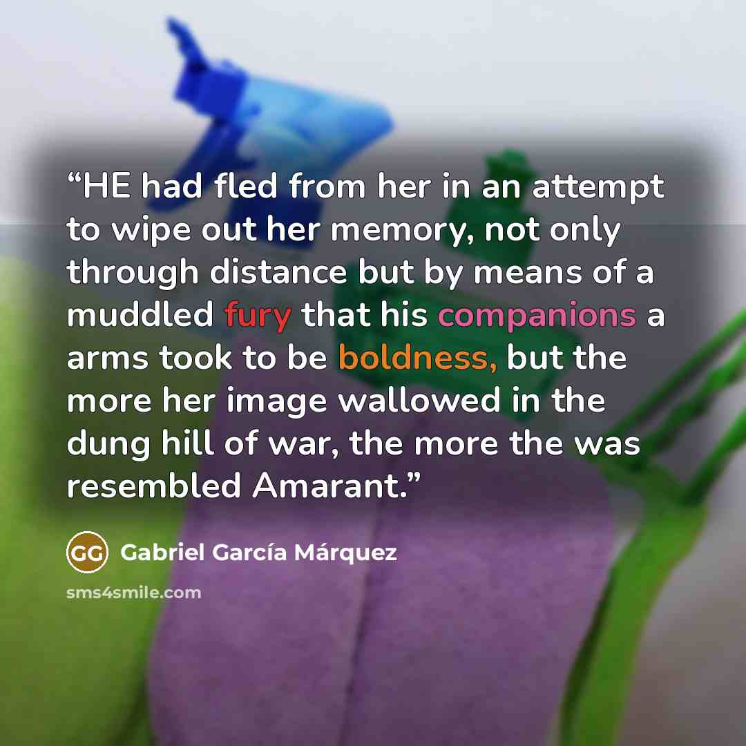 “HE had fled from her in an attempt to wipe out her memory, not only through distance but by means of a muddled fury that his companions a arms took to be boldness, but the more her image wallowed in the dung hill of war, the more the was resembled Amarant.” quote by Gabriel García Márquez