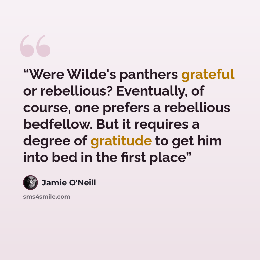 “Were Wilde's panthers grateful or rebellious? Eventually, of course, one prefers a rebellious bedfellow. But it requires a degree of gratitude to get him into bed in the first place” quote by Jamie O'Neill