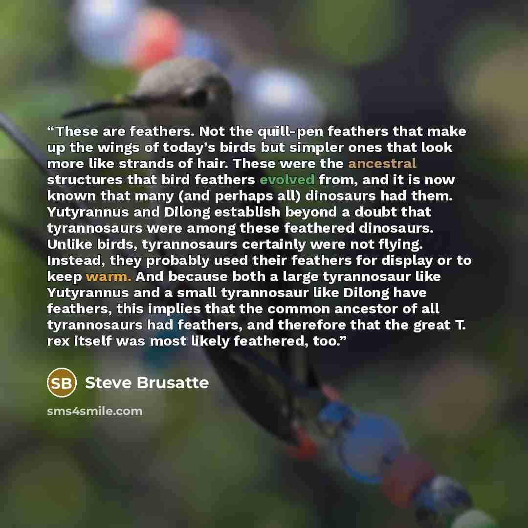 “These are feathers. Not the quill-pen feathers that make up the wings of today’s birds but simpler ones that look more like strands of hair. These were the ancestral structures that bird feathers evolved from, and it is now known that many (and perhaps all) dinosaurs had them. Yutyrannus and…” quote by Steve Brusatte