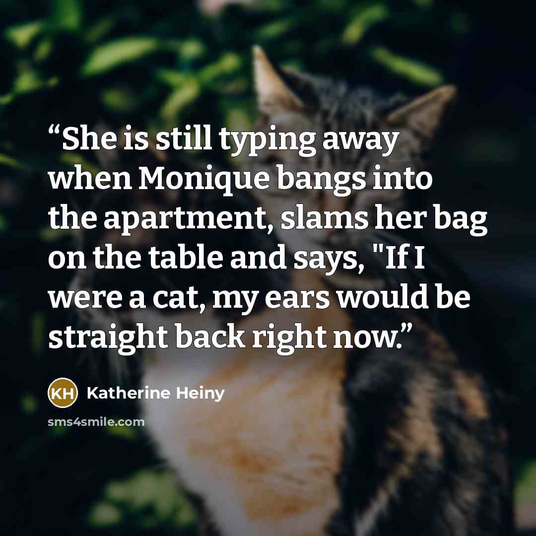 “She is still typing away when Monique bangs into the apartment, slams her bag on the table and says, "If I were a cat, my ears would be straight back right now.” quote by Katherine Heiny