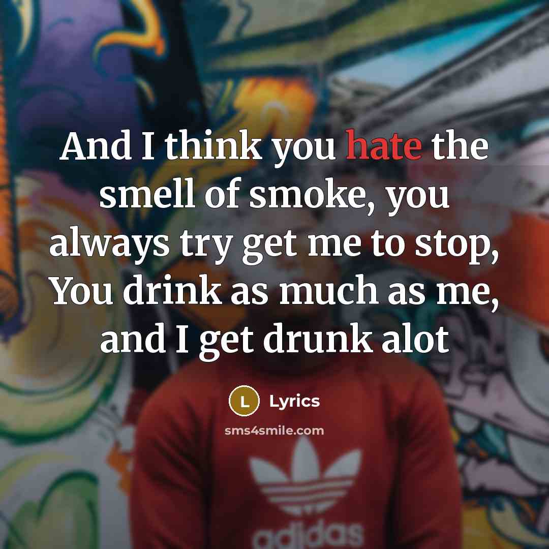 “And I think you hate the smell of smoke, you always try get me to stop, You drink as much as me, and I get drunk alot” quote by Lyrics