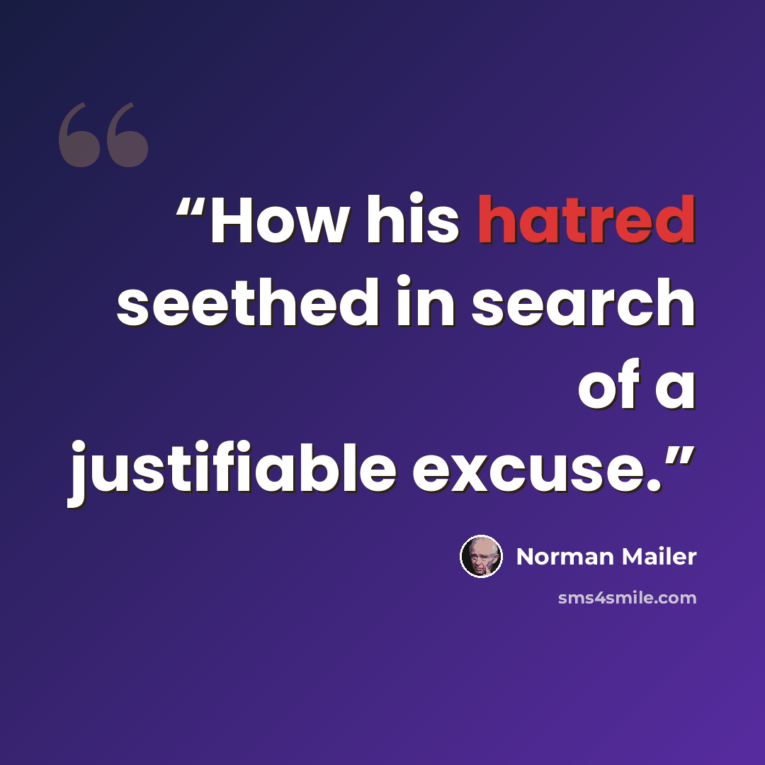 “How his hatred seethed in search of a justifiable excuse.” quote by Norman Mailer