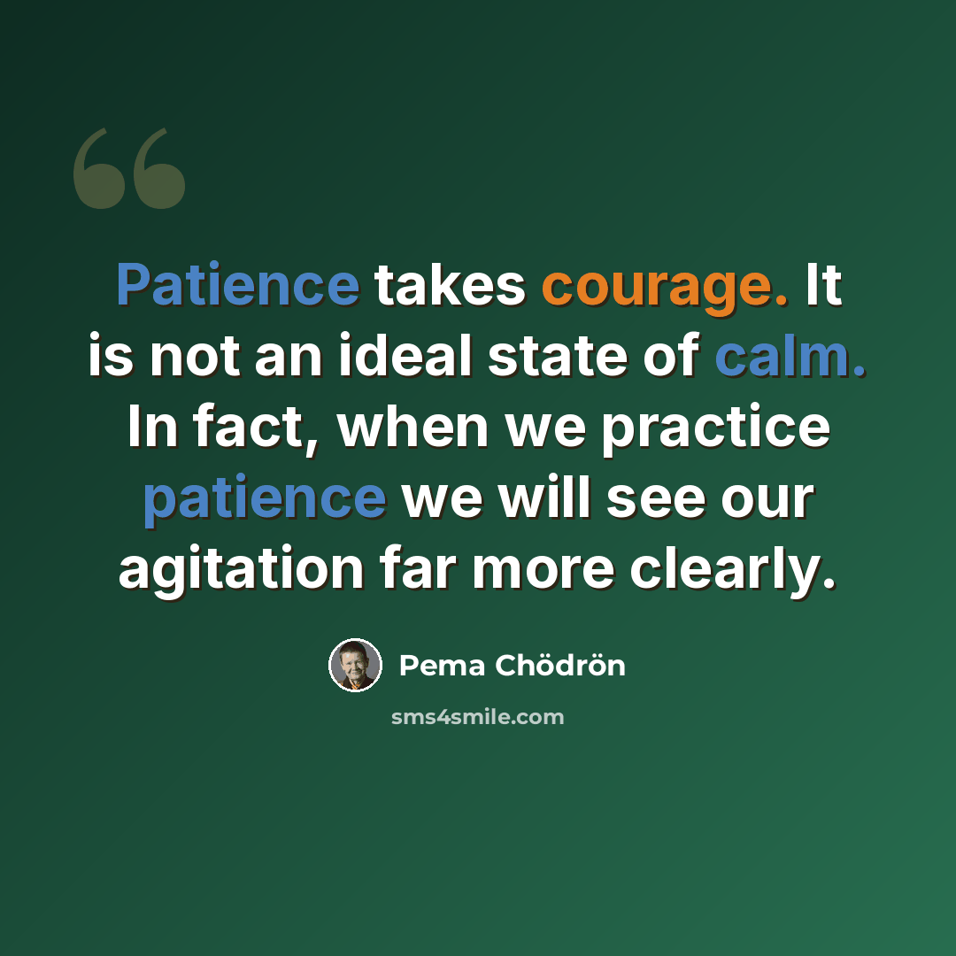 “Patience takes courage. It is not an ideal state of calm. In fact, when we practice patience we will see our agitation far more clearly.” quote by Pema Chodron