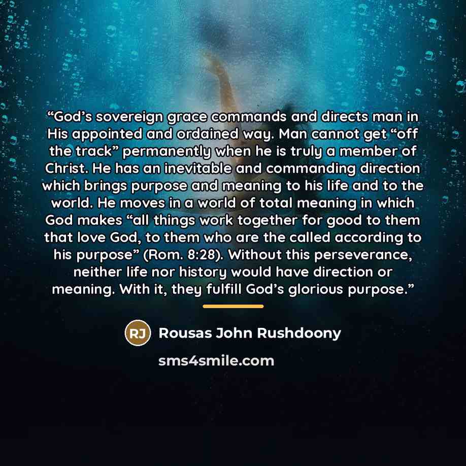“God’s sovereign grace commands and directs man in His appointed and ordained way. Man cannot get “off the track” permanently when he is truly a member of Christ. He has an inevitable and commanding direction which brings purpose and meaning to his life and to the world. He moves in a world of…” quote by Rousas John Rushdoony