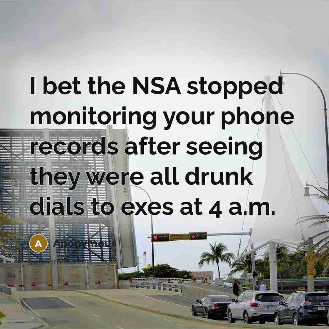 “I bet the NSA stopped monitoring your phone records after seeing they were all drunk dials to exes at 4 a.m.” quote by Anonymous