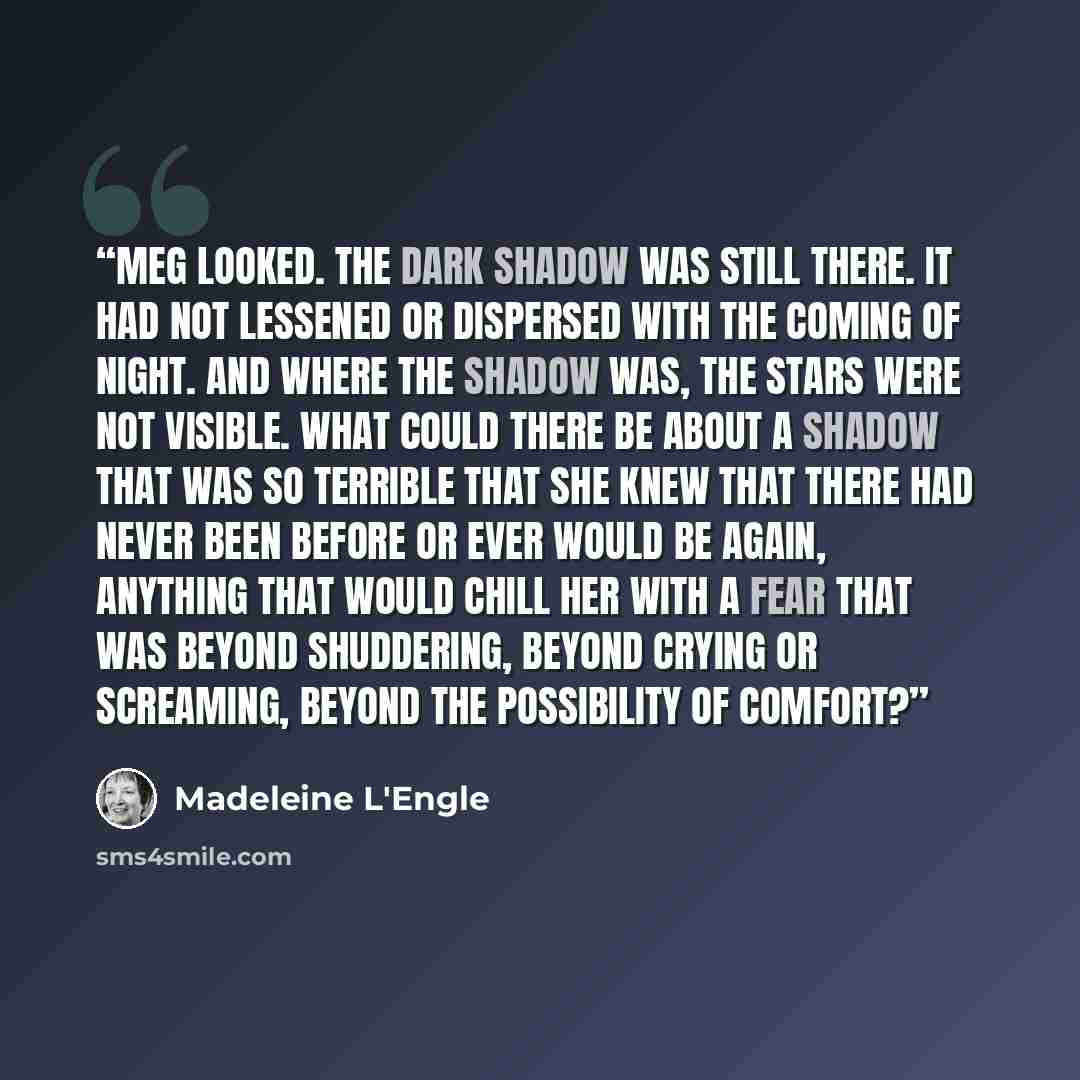 “Meg looked. The dark shadow was still there. It had not lessened or dispersed with the coming of night. And where the shadow was, the stars were not visible. What could there be about a shadow that was so terrible that she knew that there had never been before or ever would be again, anything that…” quote by Madeleine L'Engle