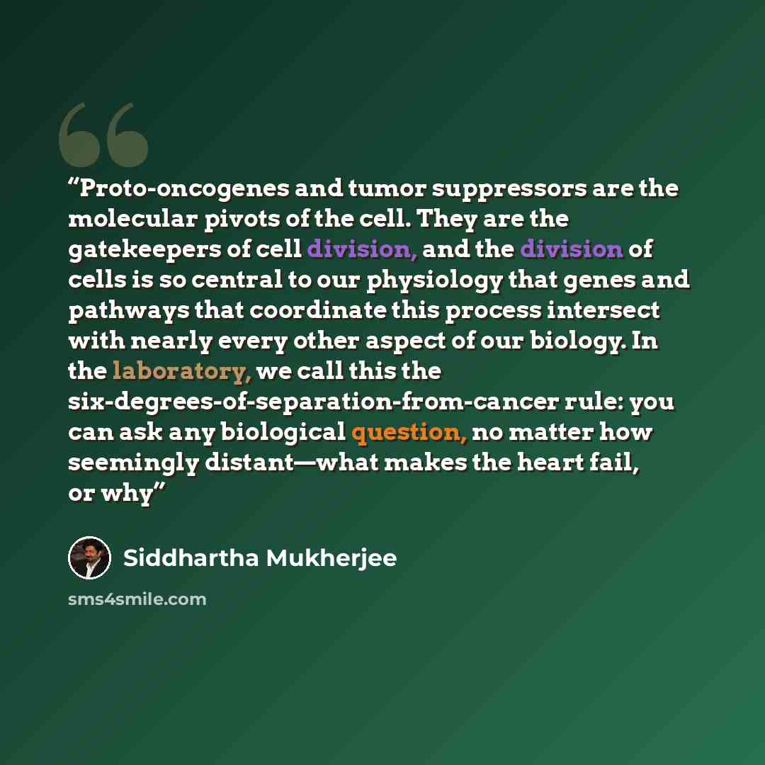 “Proto-oncogenes and tumor suppressors are the molecular pivots of the cell. They are the gatekeepers of cell division, and the division of cells is so central to our physiology that genes and pathways that coordinate this process intersect with nearly every other aspect of our biology. In the…” quote by Siddhartha Mukherjee
