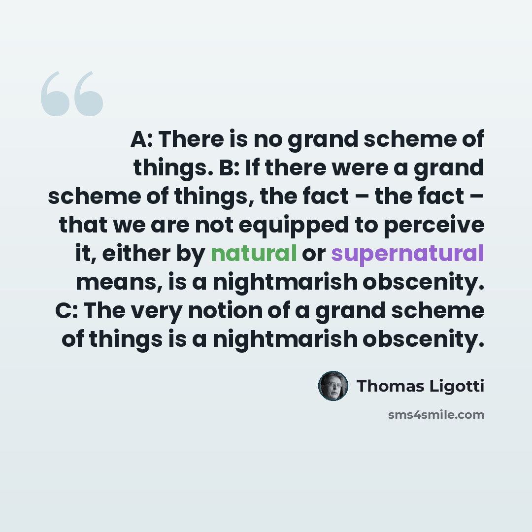“A: There is no grand scheme of things. B: If there were a grand scheme of things, the fact – the fact – that we are not equipped to perceive it, either by natural or supernatural means, is a nightmarish obscenity. C: The very notion of a grand scheme of things is a nightmarish obscenity.” quote by Thomas Ligotti