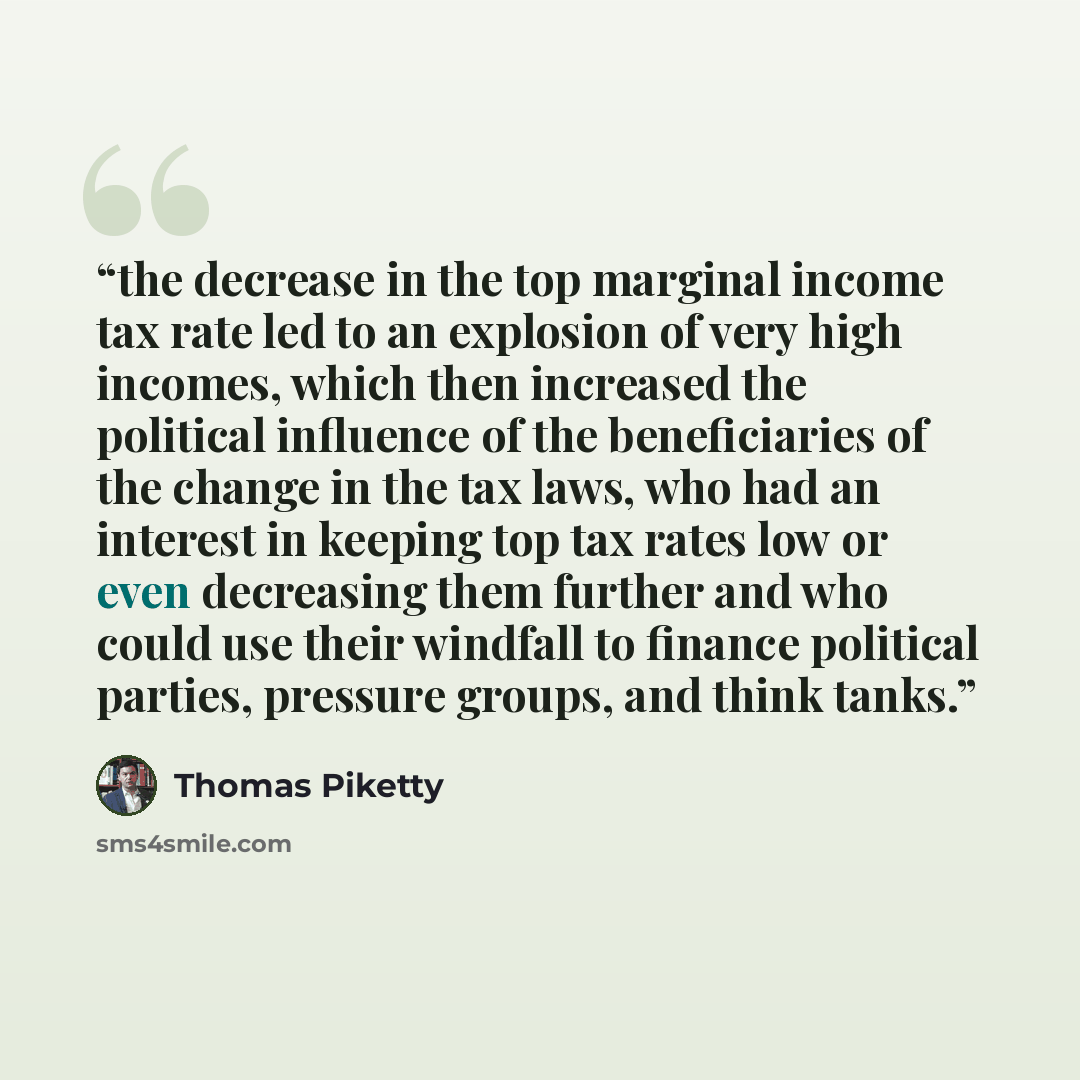 “the decrease in the top marginal income tax rate led to an explosion of very high incomes, which then increased the political influence of the beneficiaries of the change in the tax laws, who had an interest in keeping top tax rates low or even decreasing them further and who could use their…” quote by Thomas Piketty