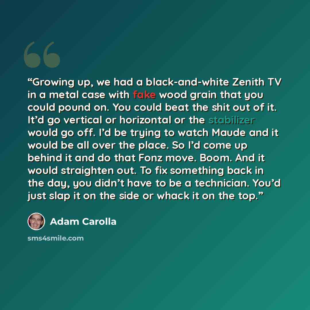 “Growing up, we had a black-and-white Zenith TV in a metal case with fake wood grain that you could pound on. You could beat the shit out of it. It’d go vertical or horizontal or the stabilizer would go off. I’d be trying to watch Maude and it would be all over the place. So I’d come up behind it…” quote by Adam Carolla