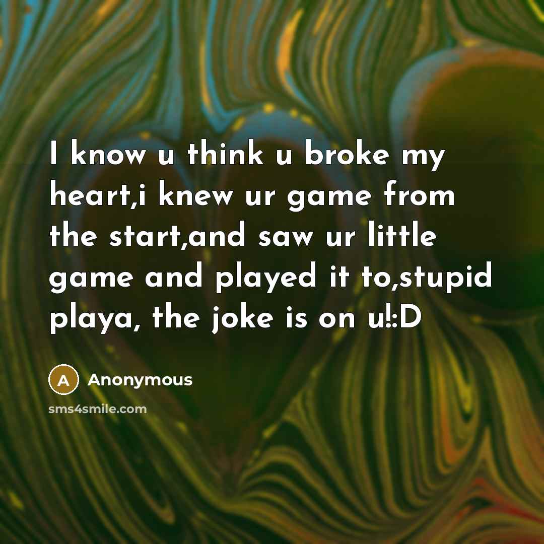 “I know u think u broke my heart,i knew ur game from the start,and saw ur little game and played it to,stupid playa, the joke is on u!:D” quote by Anonymous