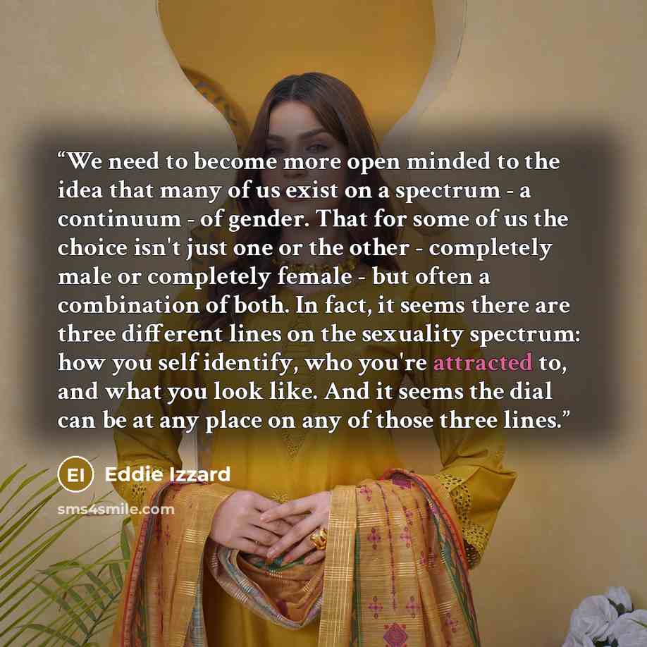 “We need to become more open minded to the idea that many of us exist on a spectrum - a continuum - of gender. That for some of us the choice isn't just one or the other - completely male or completely female - but often a combination of both. In fact, it seems there are three different lines on…” quote by Eddie Izzard