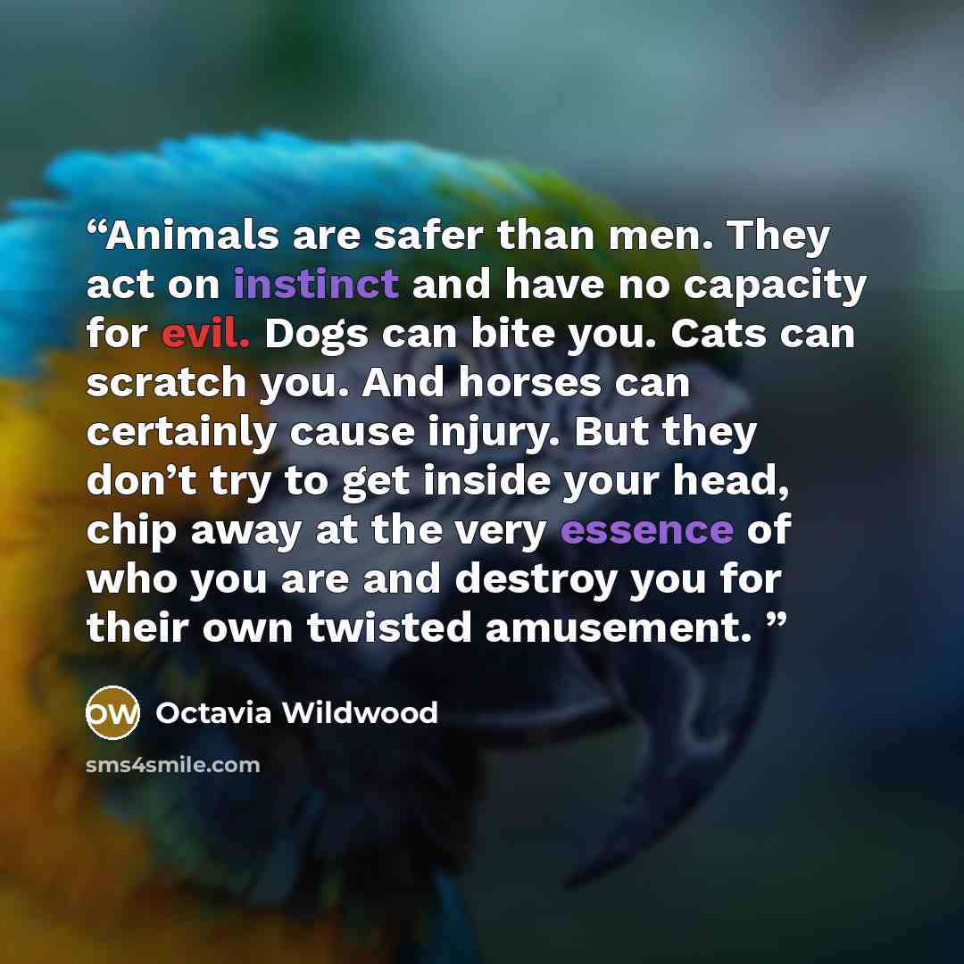 “Animals are safer than men. They act on instinct and have no capacity for evil. Dogs can bite you. Cats can scratch you. And horses can certainly cause injury. But they don’t try to get inside your head, chip away at the very essence of who you are and destroy you for their own twisted amusement.” quote by Octavia Wildwood