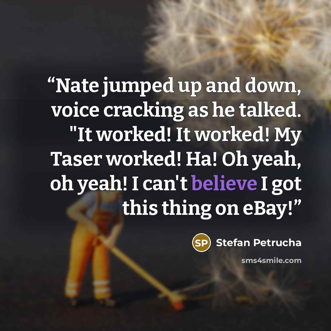 “Nate jumped up and down, voice cracking as he talked. "It worked! It worked! My Taser worked! Ha! Oh yeah, oh yeah! I can't believe I got this thing on eBay!” quote by Stefan Petrucha