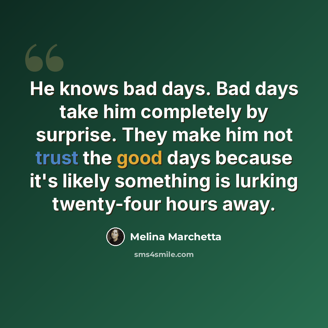 “He knows bad days. Bad days take him completely by surprise. They make him not trust the good days because it's likely something is lurking twenty-four hours away.” quote by Melina Marchetta