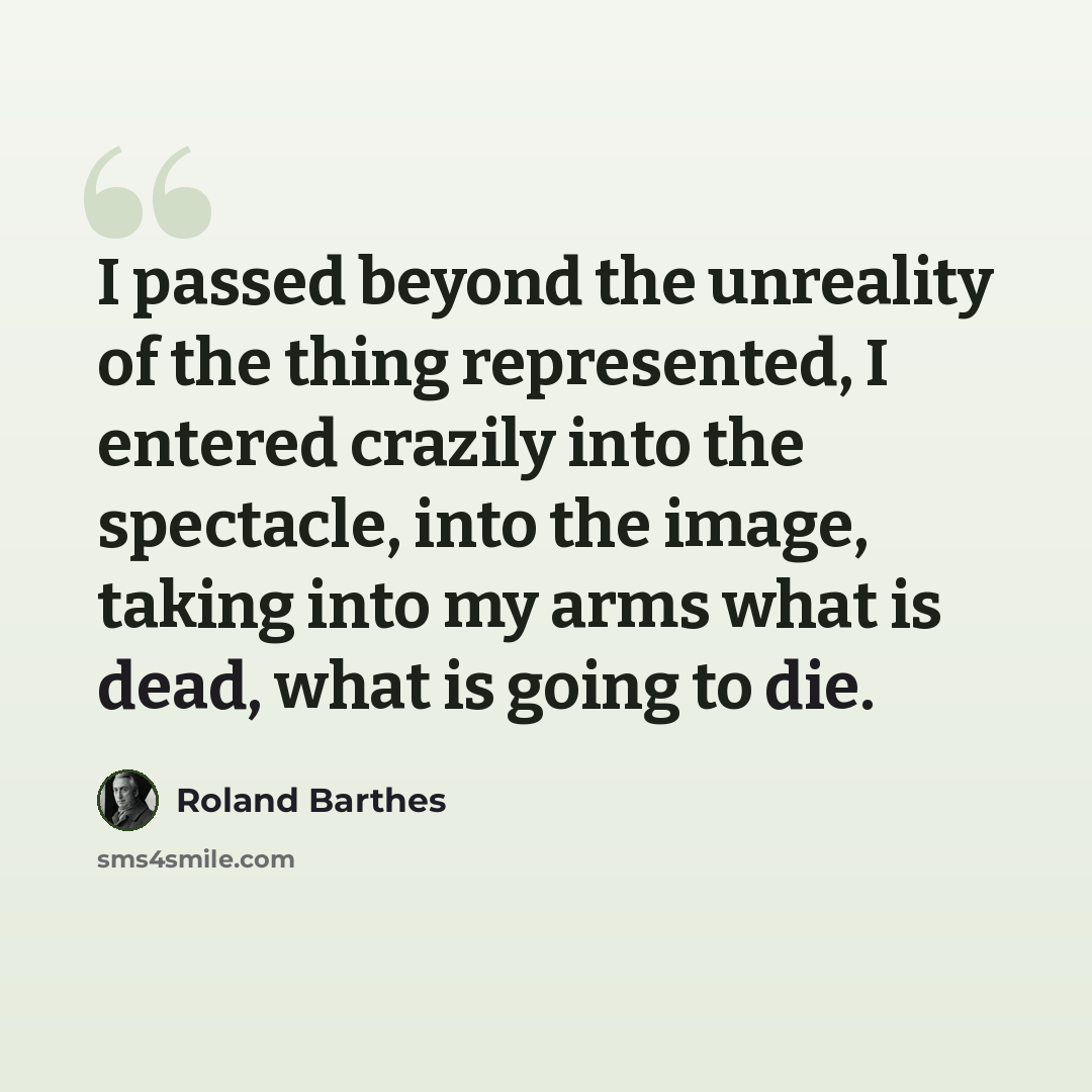 “I passed beyond the unreality of the thing represented, I entered crazily into the spectacle, into the image, taking into my arms what is dead, what is going to die.” quote by Roland Barthes