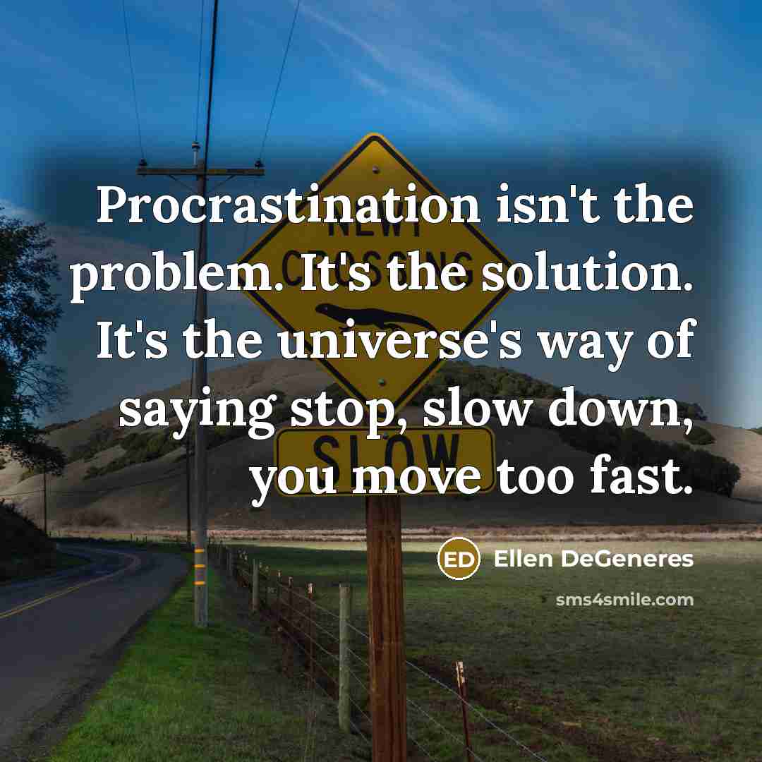 “Procrastination isn't the problem. It's the solution. It's the universe's way of saying stop, slow down, you move too fast.” quote by Ellen DeGeneres