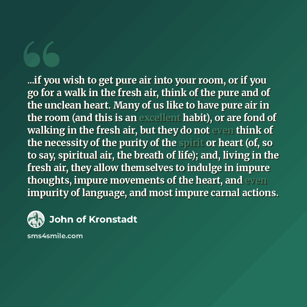 “...if you wish to get pure air into your room, or if you go for a walk in the fresh air, think of the pure and of the unclean heart. Many of us like to have pure air in the room (and this is an excellent habit), or are fond of walking in the fresh air, but they do not even think of the necessity…” quote by John of Kronstadt