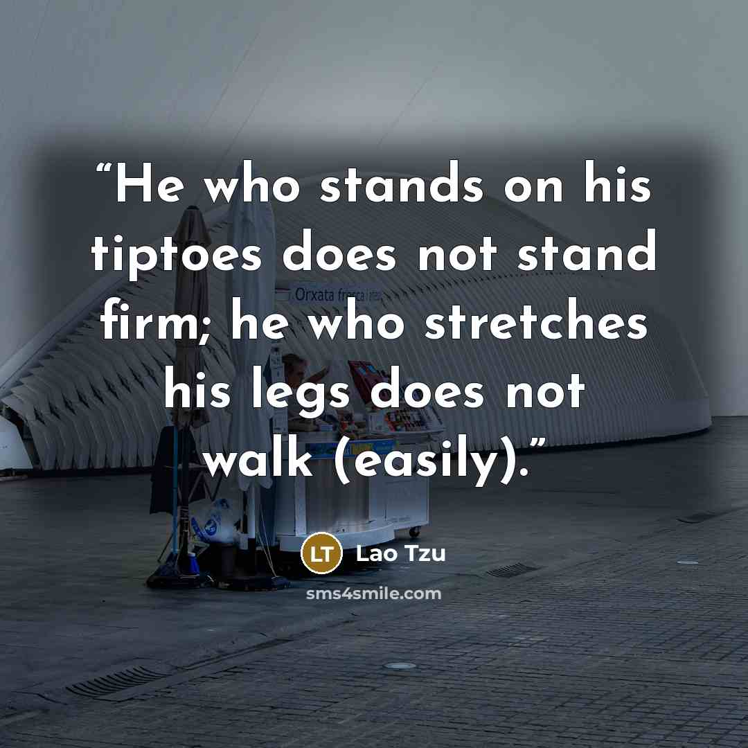 “He who stands on his tiptoes does not stand firm; he who stretches his legs does not walk (easily).” quote by Lao Tzu