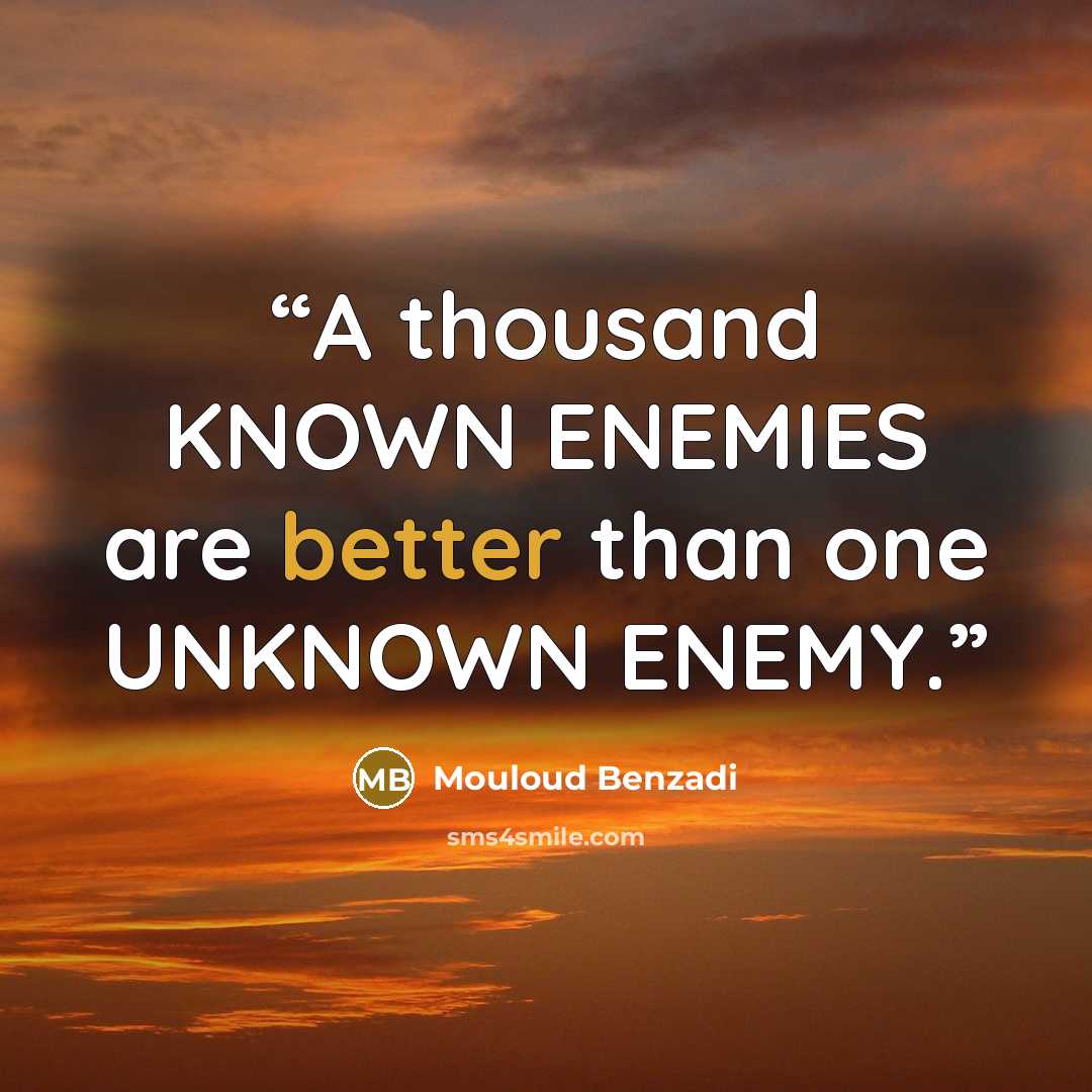 “A thousand KNOWN ENEMIES are better than one UNKNOWN ENEMY.” quote by Mouloud Benzadi