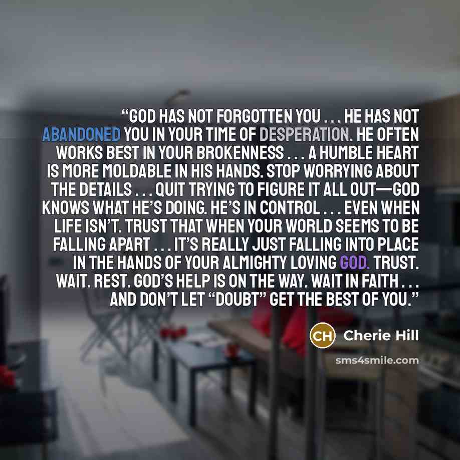 “God has not forgotten you . . . he has not abandoned you in your time of desperation. He often works best in your brokenness . . . a humble heart is more moldable in His hands. Stop worrying about the details . . . quit trying to figure it all out—God knows what He’s doing. He’s in control…” quote by Cherie Hill