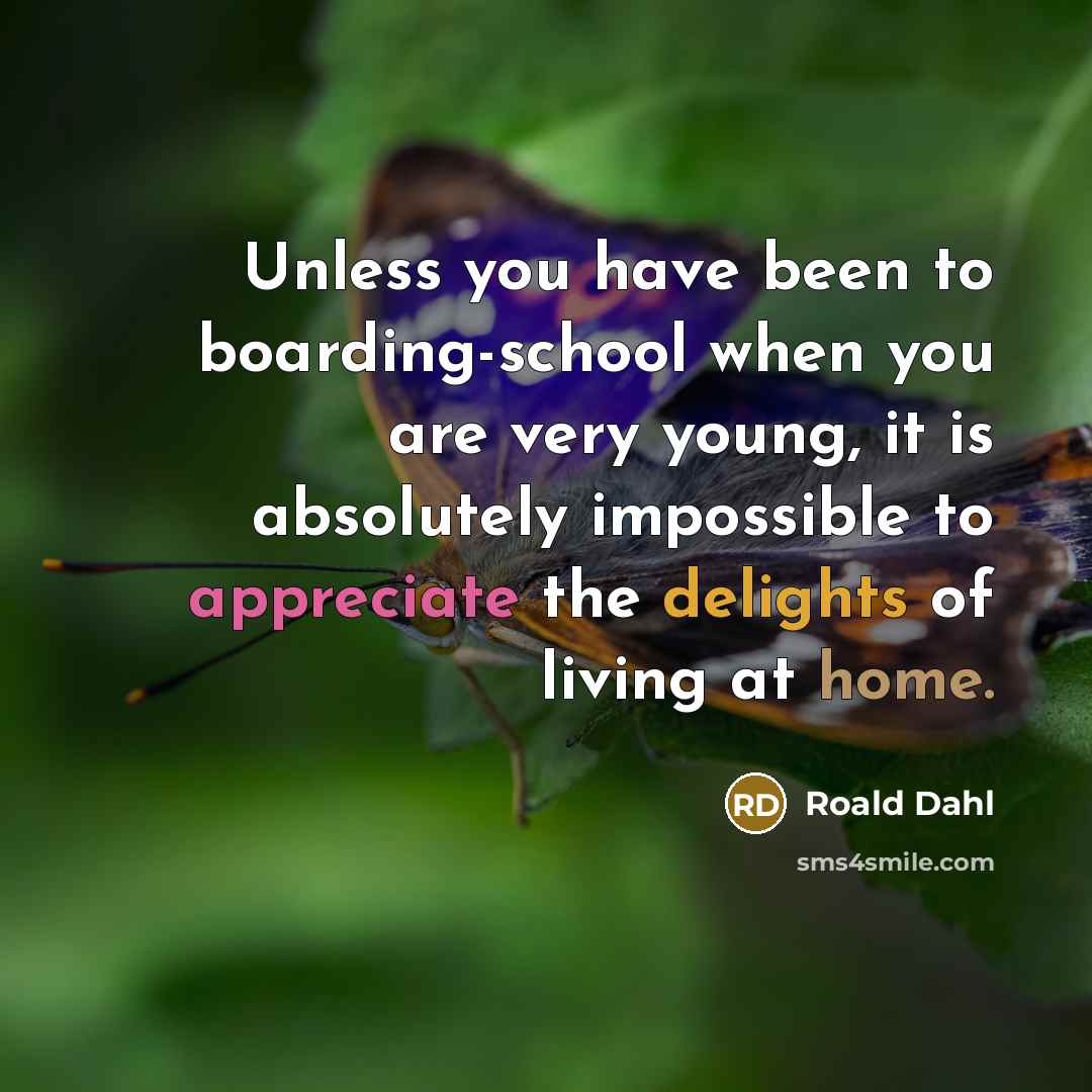 “Unless you have been to boarding-school when you are very young, it is absolutely impossible to appreciate the delights of living at home.” quote by Roald Dahl