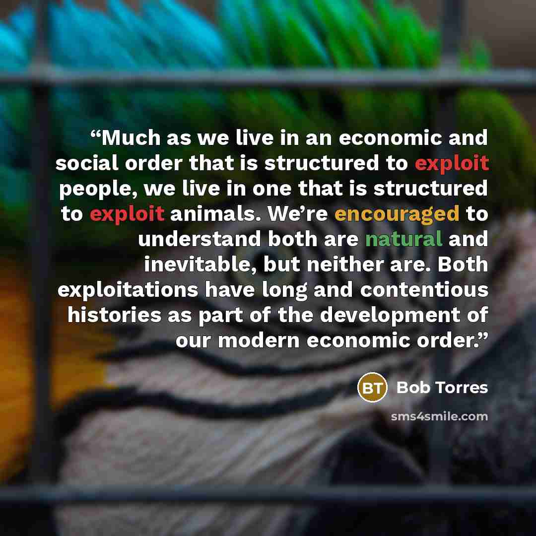 “Much as we live in an economic and social order that is structured to exploit people, we live in one that is structured to exploit animals. We’re encouraged to understand both are natural and inevitable, but neither are. Both exploitations have long and contentious histories as part of the…” quote by Bob Torres