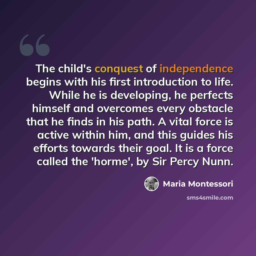 “The child's conquest of independence begins with his first introduction to life. While he is developing, he perfects himself and overcomes every obstacle that he finds in his path. A vital force is active within him, and this guides his efforts towards their goal. It is a force called the 'horme'…” quote by Maria Montessori