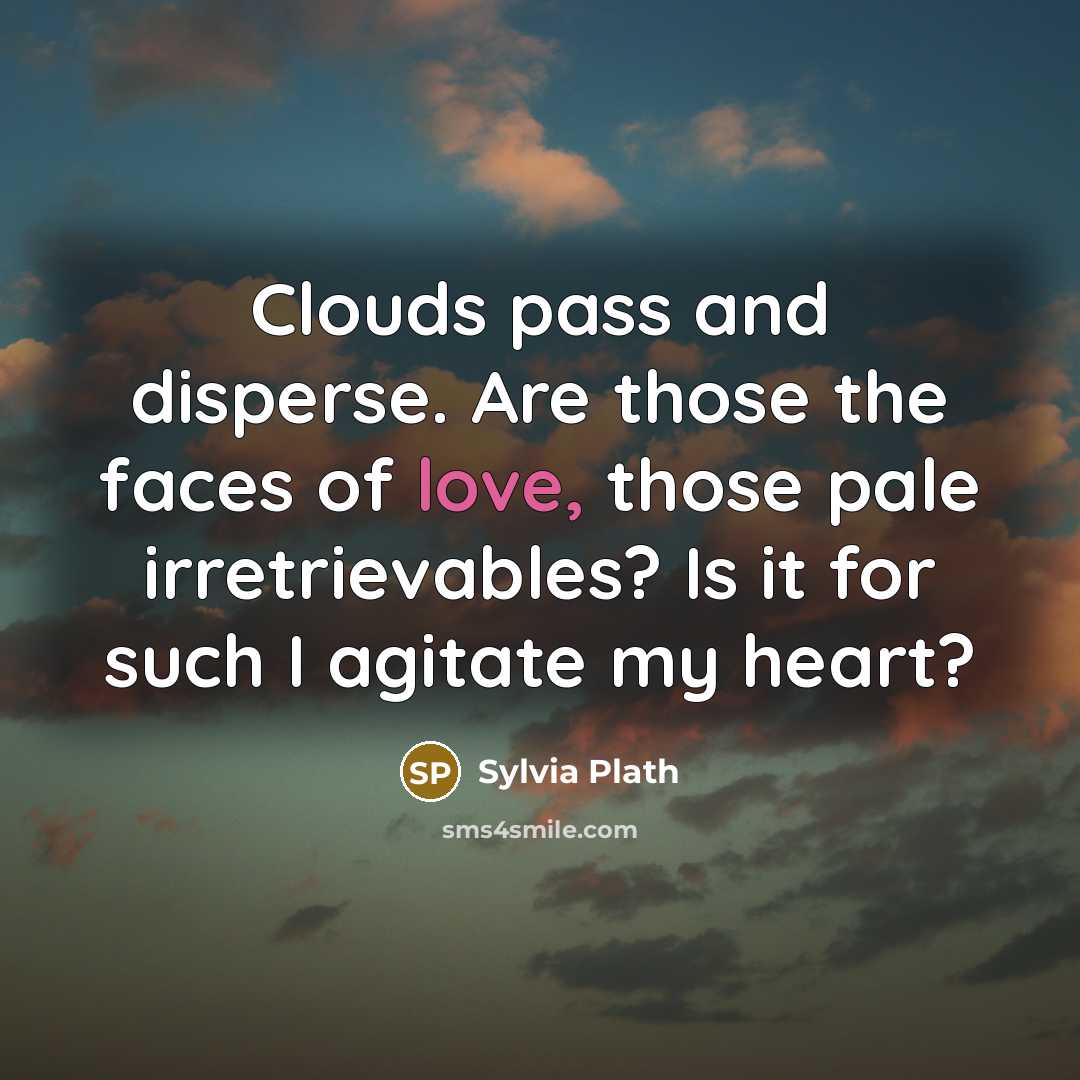 “Clouds pass and disperse. Are those the faces of love, those pale irretrievables? Is it for such I agitate my heart?” quote by Sylvia Plath