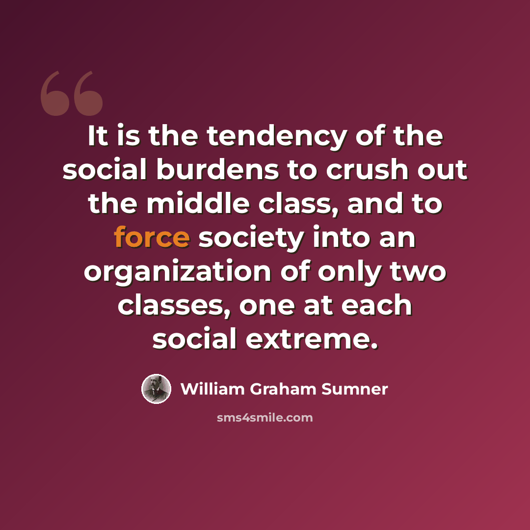 “It is the tendency of the social burdens to crush out the middle class, and to force society into an organization of only two classes, one at each social extreme.” quote by William Graham Sumner