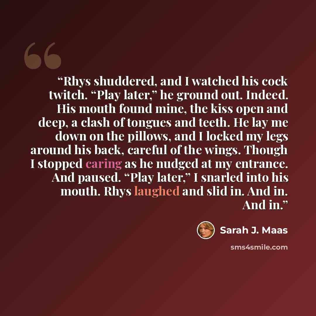 “Rhys shuddered, and I watched his cock twitch. “Play later,” he ground out. Indeed. His mouth found mine, the kiss open and deep, a clash of tongues and teeth. He lay me down on the pillows, and I locked my legs around his back, careful of the wings. Though I stopped caring as he nudged at my…” quote by Sarah J. Maas