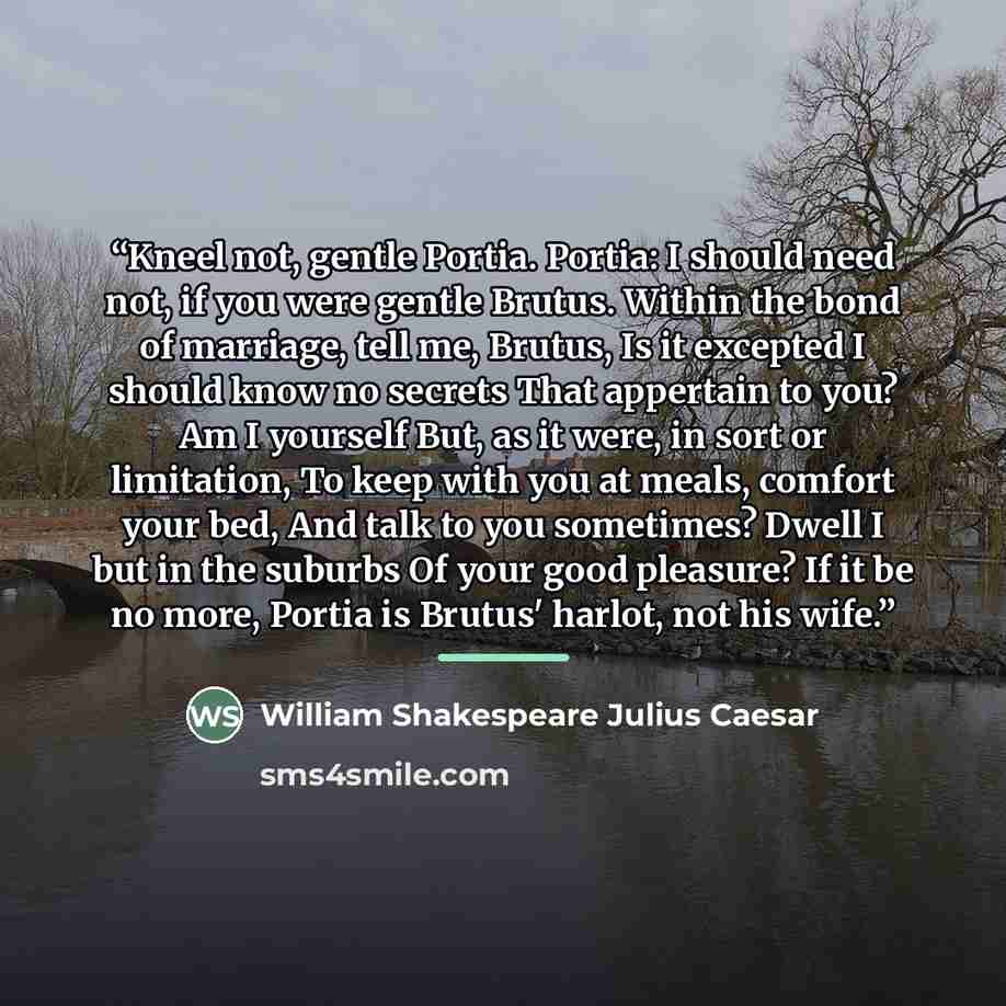 “Kneel not, gentle Portia. Portia: I should need not, if you were gentle Brutus. Within the bond of marriage, tell me, Brutus, Is it excepted I should know no secrets That appertain to you? Am I yourself But, as it were, in sort or limitation, To keep with you at meals, comfort your bed, And talk…” quote by William Shakespeare Julius Caesar
