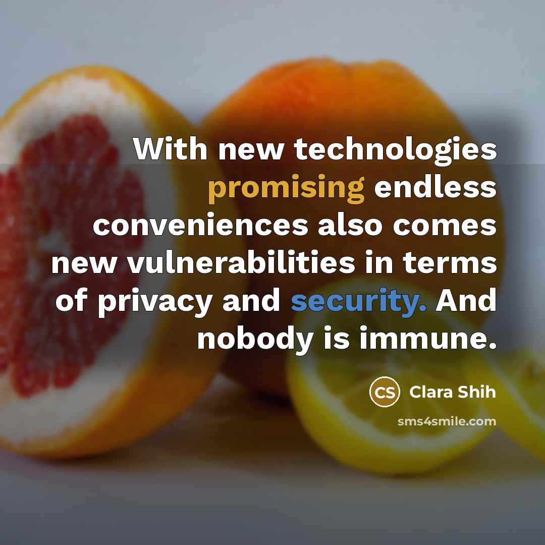 “With new technologies promising endless conveniences also comes new vulnerabilities in terms of privacy and security. And nobody is immune.” quote by Clara Shih